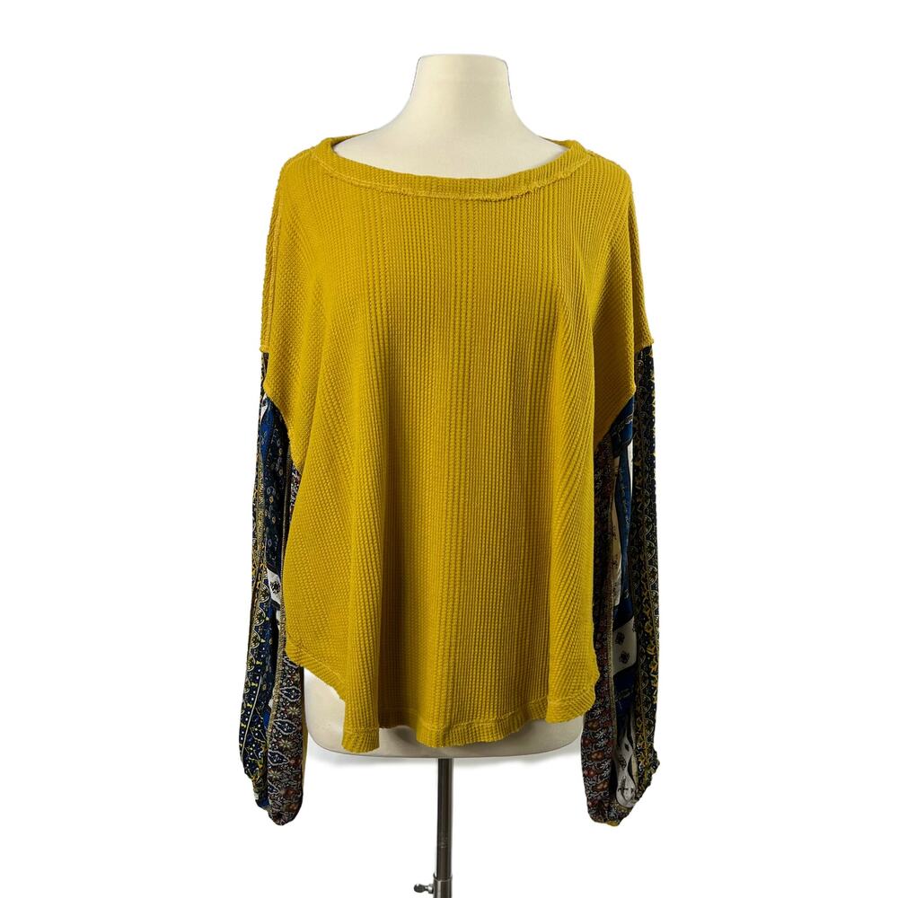 Umgee Long Sleeve Oversized Waffle Knit Top Small Boho Yellow Womens Large